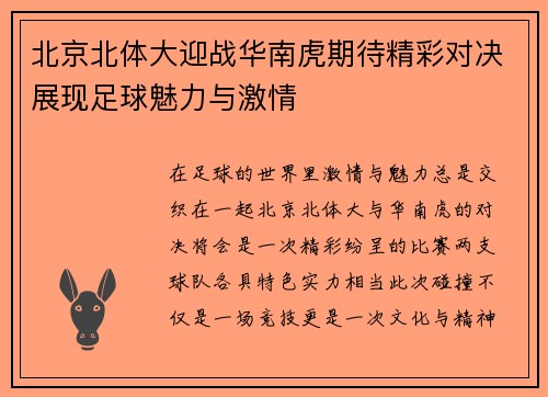 北京北体大迎战华南虎期待精彩对决展现足球魅力与激情